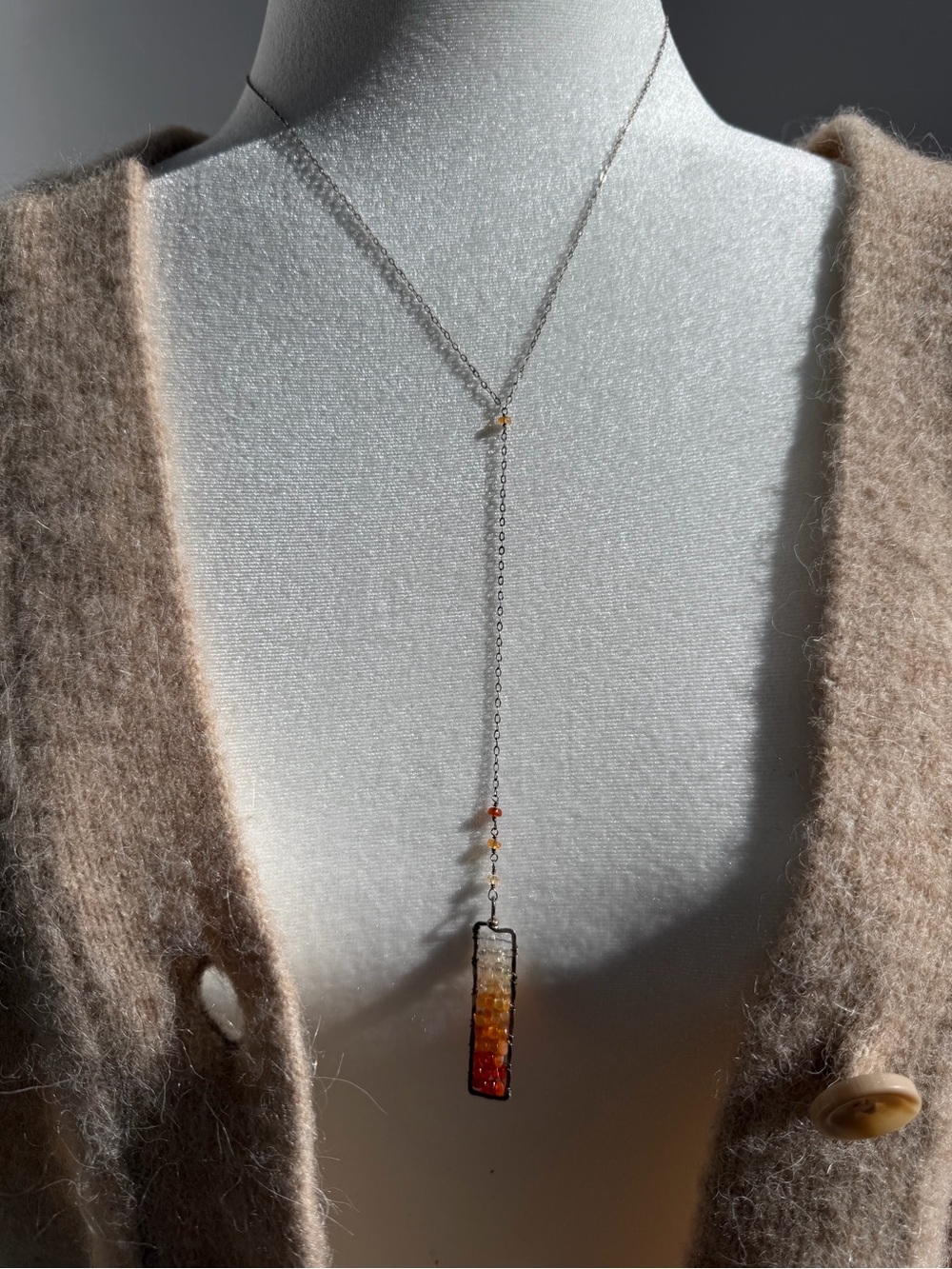 Beaded Lariat Necklace with Orange Beaded Wire Wrapped Pendant